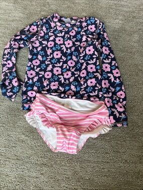 Kids Floral Long-Sleeve Rash Guard Swim Top and Pink Stripe Bottoms